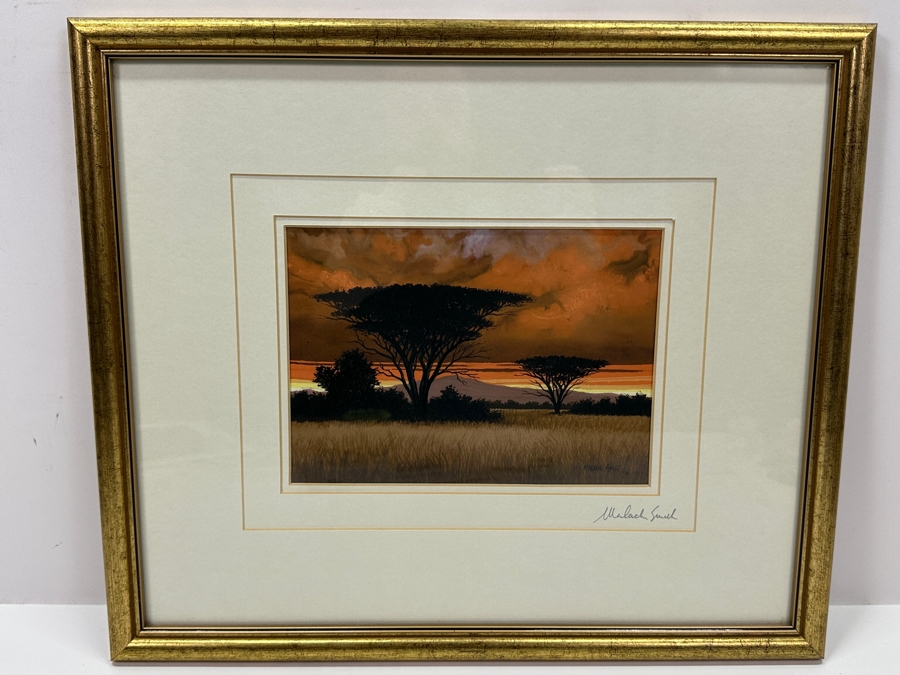 Malachi Smith (1948-2012, South Africa) Stunning Original Landscape Painting On Board Titled 'An African Sunset' 8 X 5.5 Framed 15.5 X 13 [Photo 2]