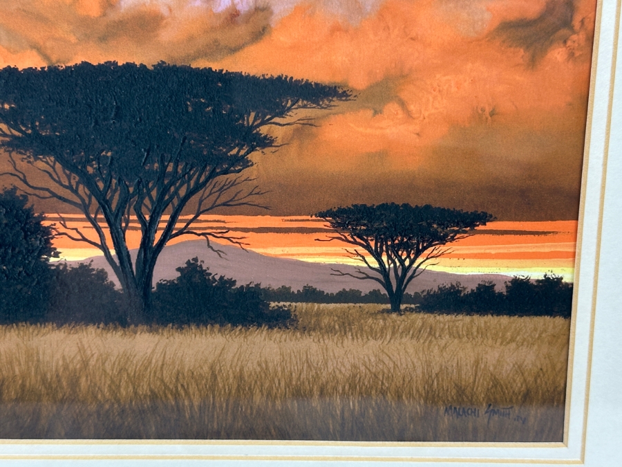 Malachi Smith (1948-2012, South Africa) Stunning Original Landscape Painting On Board Titled 'An African Sunset' 8 X 5.5 Framed 15.5 X 13 [Photo 9]