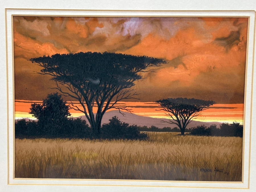 Malachi Smith (1948-2012, South Africa) Stunning Original Landscape Painting On Board Titled 'An African Sunset' 8 X 5.5 Framed 15.5 X 13 [Photo 3]