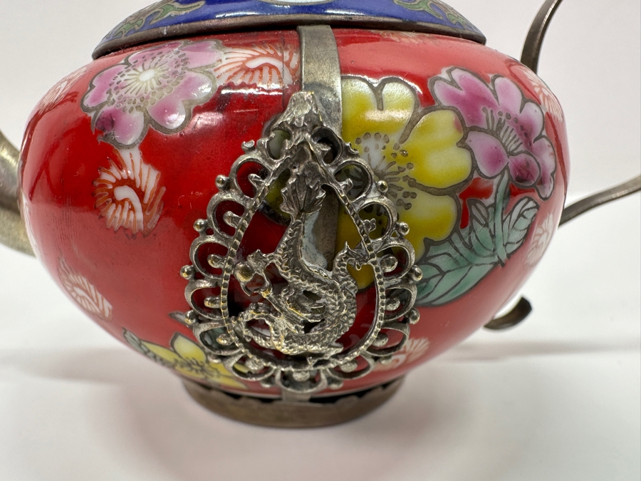 Vintage Chinese Tibetan Silver Overlay Porcelain Body Teapot With Foo Dog Finial Signed Underneath 6W X 4H [Photo 4]
