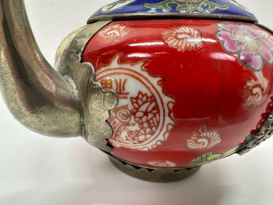 Vintage Chinese Tibetan Silver Overlay Porcelain Body Teapot With Foo Dog Finial Signed Underneath 6W X 4H [Photo 9]