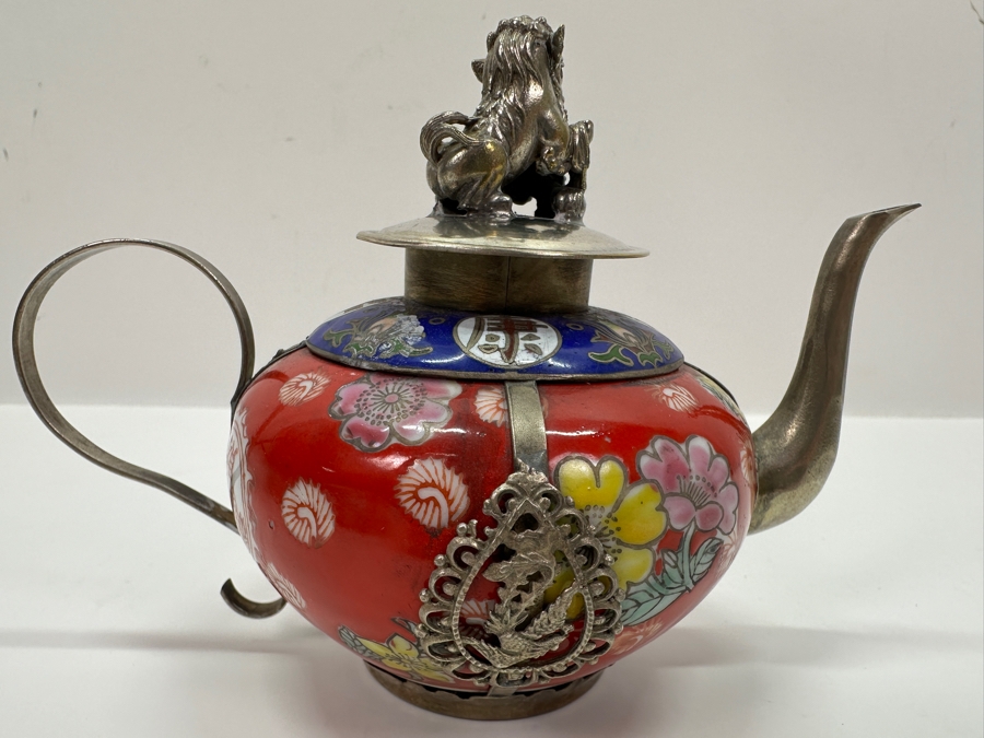 Vintage Chinese Tibetan Silver Overlay Porcelain Body Teapot With Foo Dog Finial Signed Underneath 6W X 4H [Photo 10]