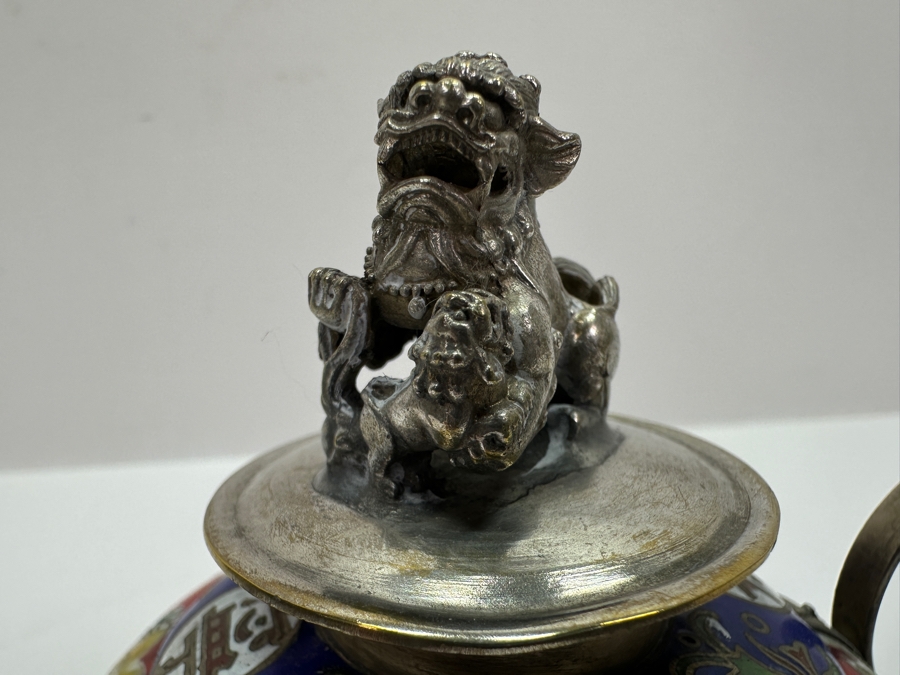 Vintage Chinese Tibetan Silver Overlay Porcelain Body Teapot With Foo Dog Finial Signed Underneath 6W X 4H [Photo 7]