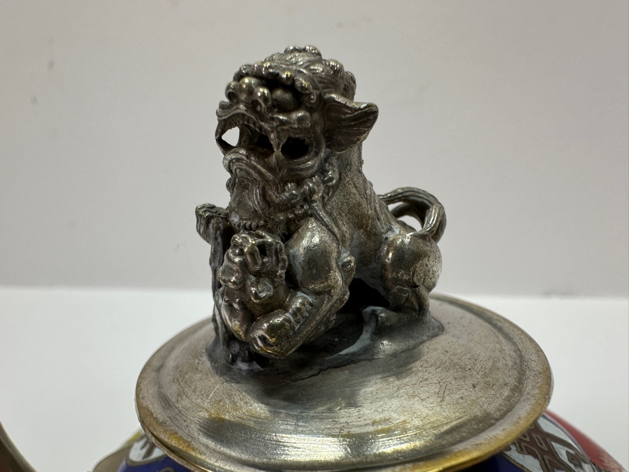Vintage Chinese Tibetan Silver Overlay Porcelain Body Teapot With Foo Dog Finial Signed Underneath 6W X 4H [Photo 6]