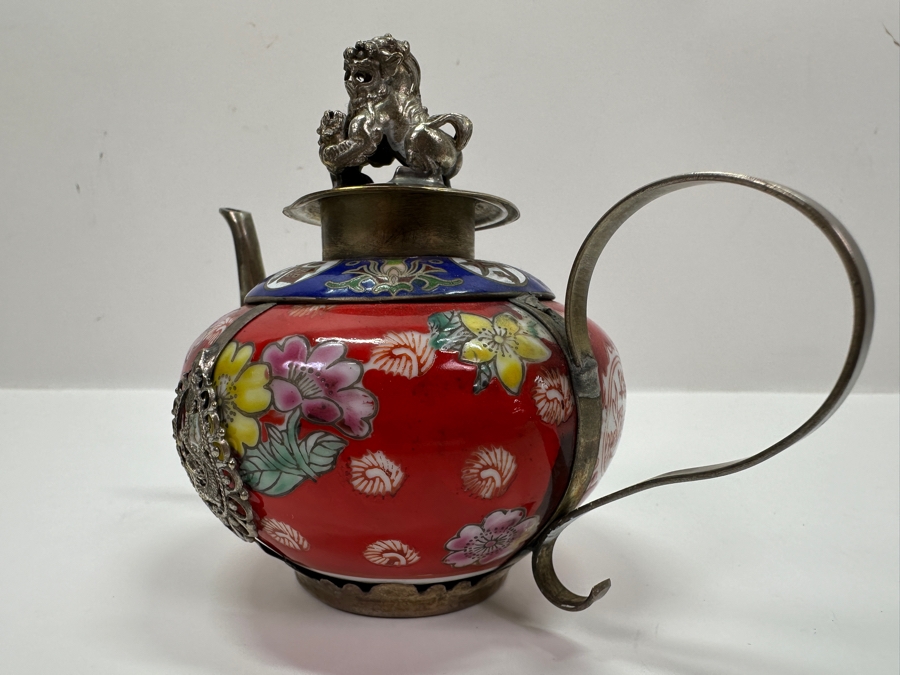 Vintage Chinese Tibetan Silver Overlay Porcelain Body Teapot With Foo Dog Finial Signed Underneath 6W X 4H [Photo 17]