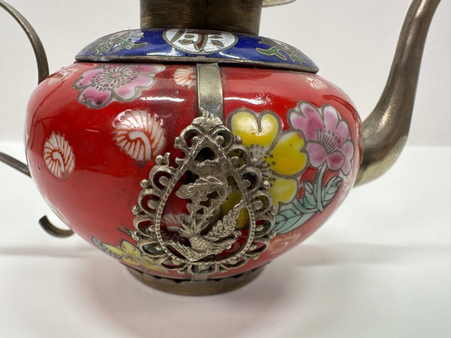 Vintage Chinese Tibetan Silver Overlay Porcelain Body Teapot With Foo Dog Finial Signed Underneath 6W X 4H [Photo 12]
