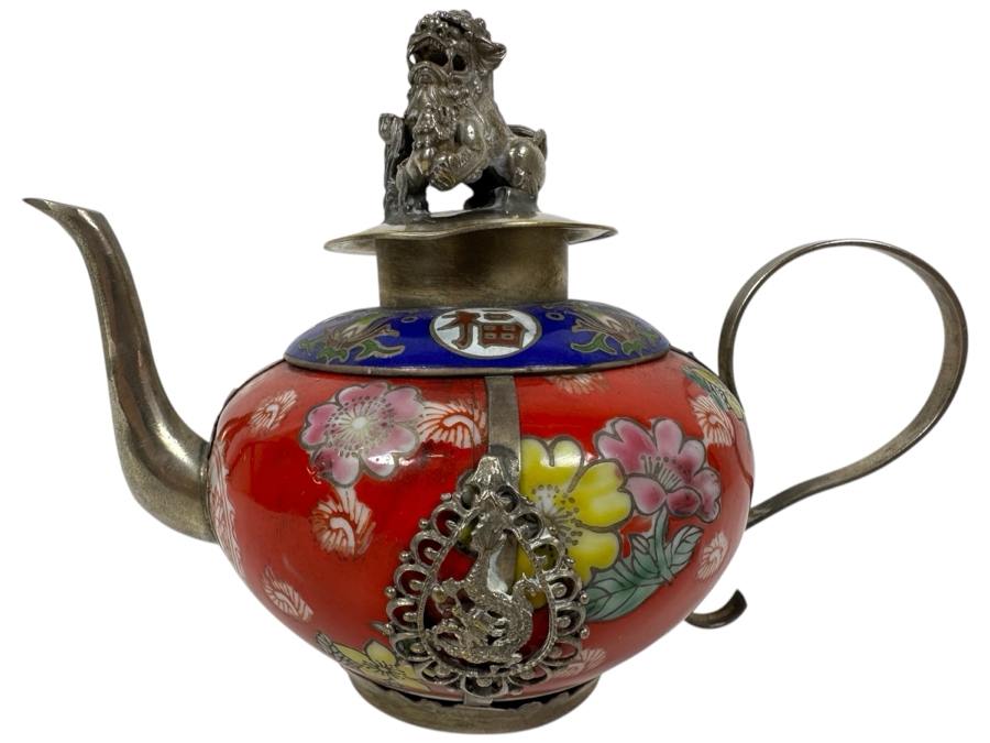 Vintage Chinese Tibetan Silver Overlay Porcelain Body Teapot With Foo Dog Finial Signed Underneath 6W X 4H [Photo 1]