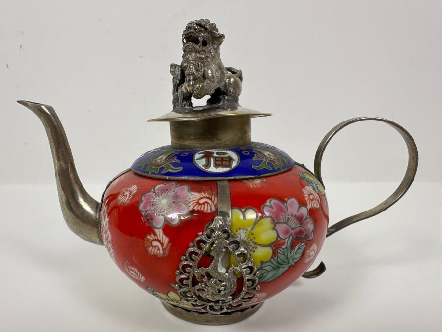 Vintage Chinese Tibetan Silver Overlay Porcelain Body Teapot With Foo Dog Finial Signed Underneath 6W X 4H [Photo 3]