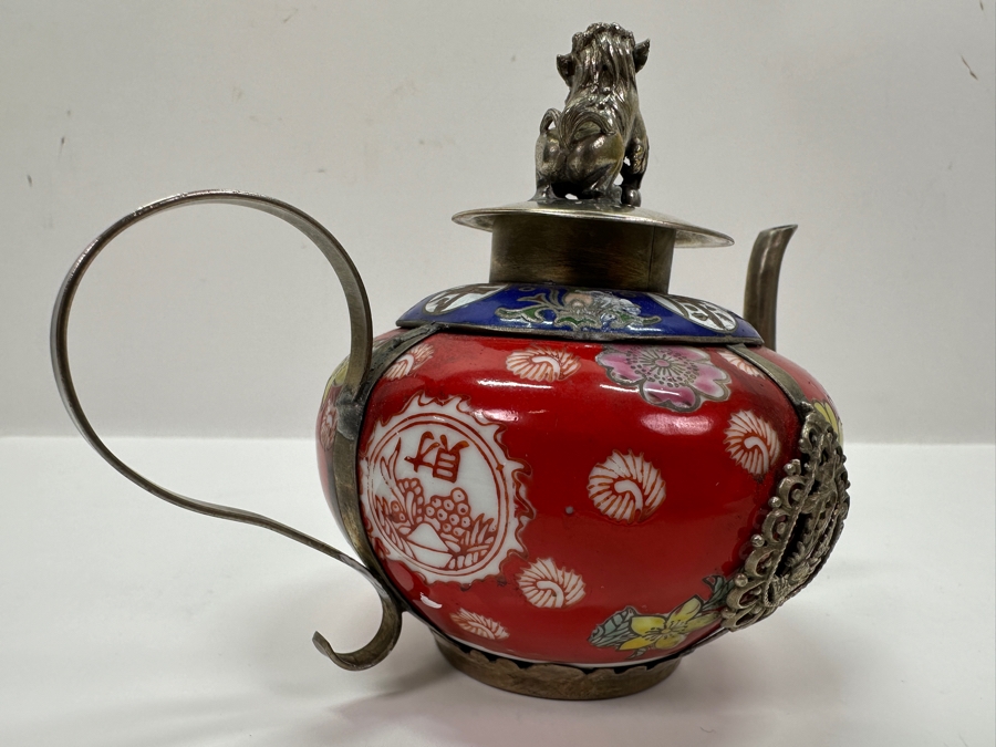 Vintage Chinese Tibetan Silver Overlay Porcelain Body Teapot With Foo Dog Finial Signed Underneath 6W X 4H [Photo 13]