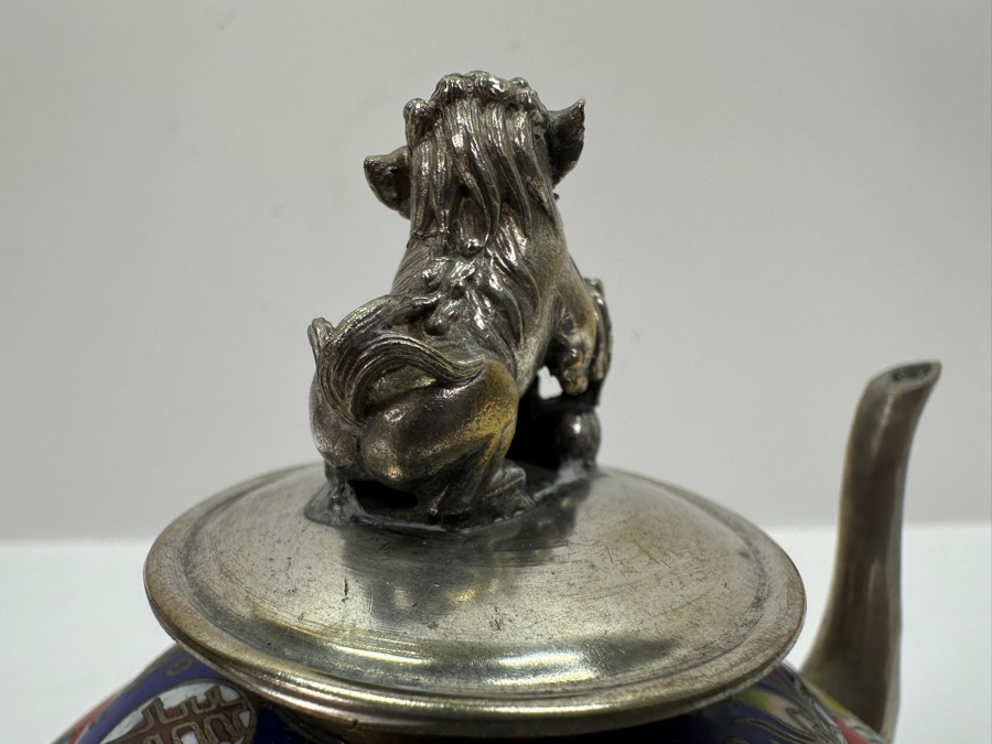 Vintage Chinese Tibetan Silver Overlay Porcelain Body Teapot With Foo Dog Finial Signed Underneath 6W X 4H [Photo 14]
