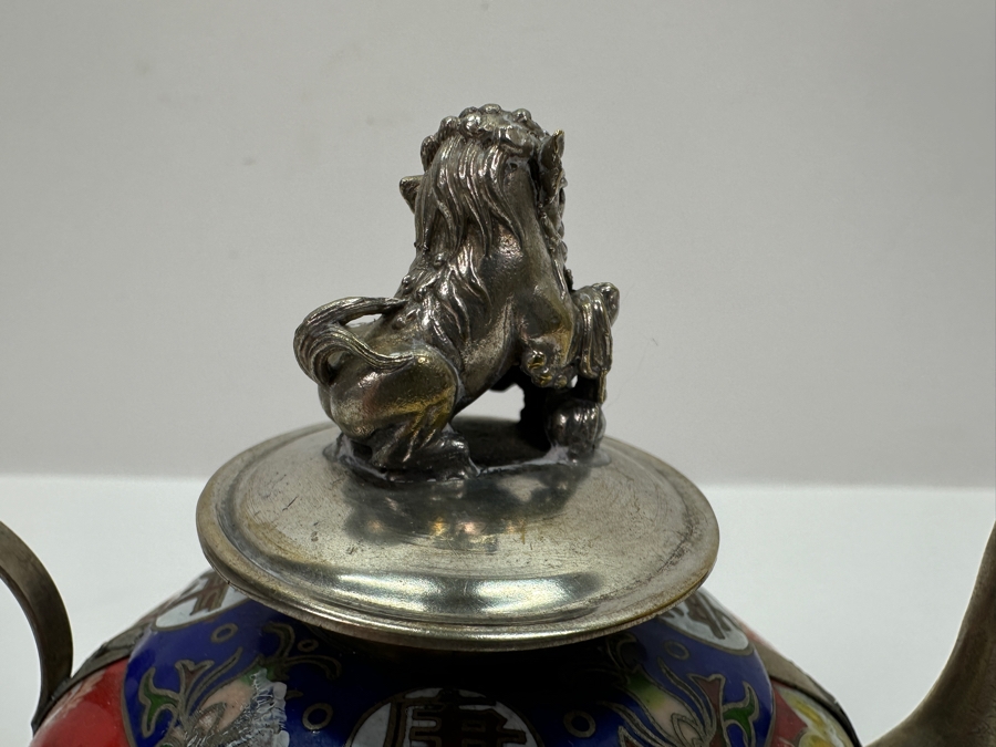 Vintage Chinese Tibetan Silver Overlay Porcelain Body Teapot With Foo Dog Finial Signed Underneath 6W X 4H [Photo 11]