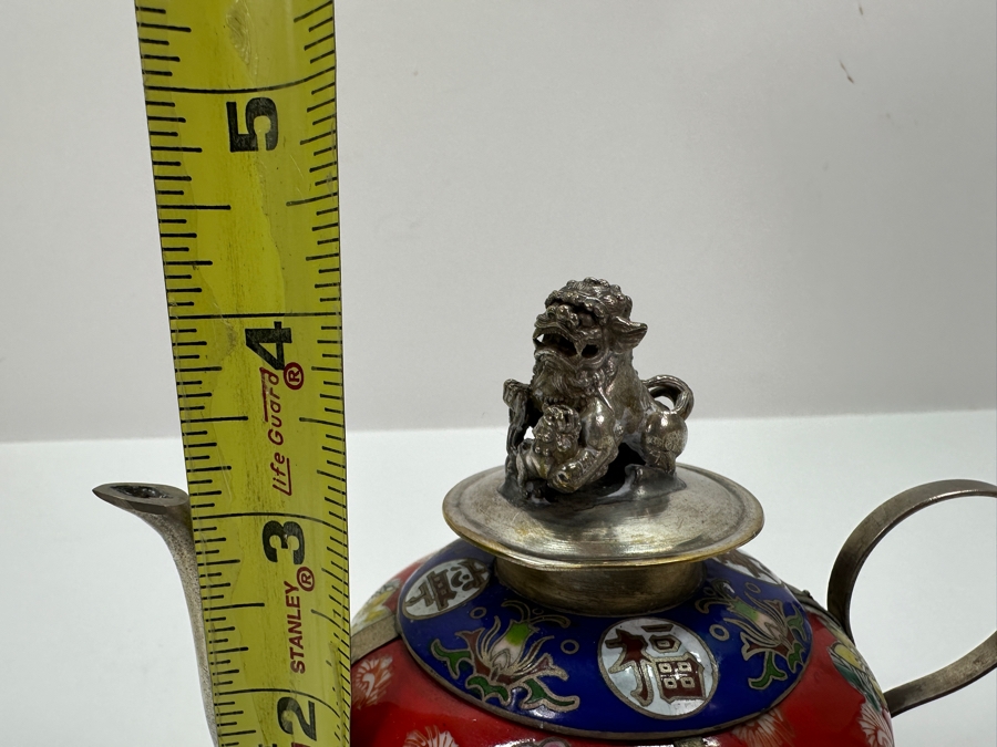Vintage Chinese Tibetan Silver Overlay Porcelain Body Teapot With Foo Dog Finial Signed Underneath 6W X 4H [Photo 22]