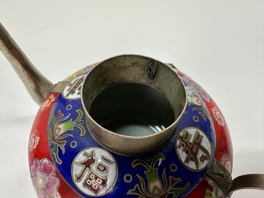 Vintage Chinese Tibetan Silver Overlay Porcelain Body Teapot With Foo Dog Finial Signed Underneath 6W X 4H [Photo 18]