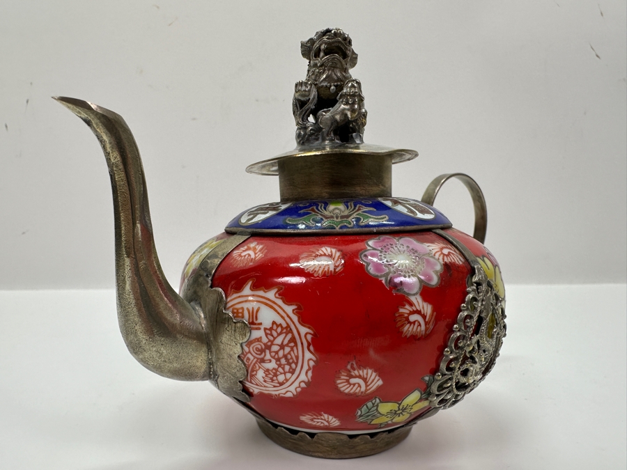 Vintage Chinese Tibetan Silver Overlay Porcelain Body Teapot With Foo Dog Finial Signed Underneath 6W X 4H [Photo 8]