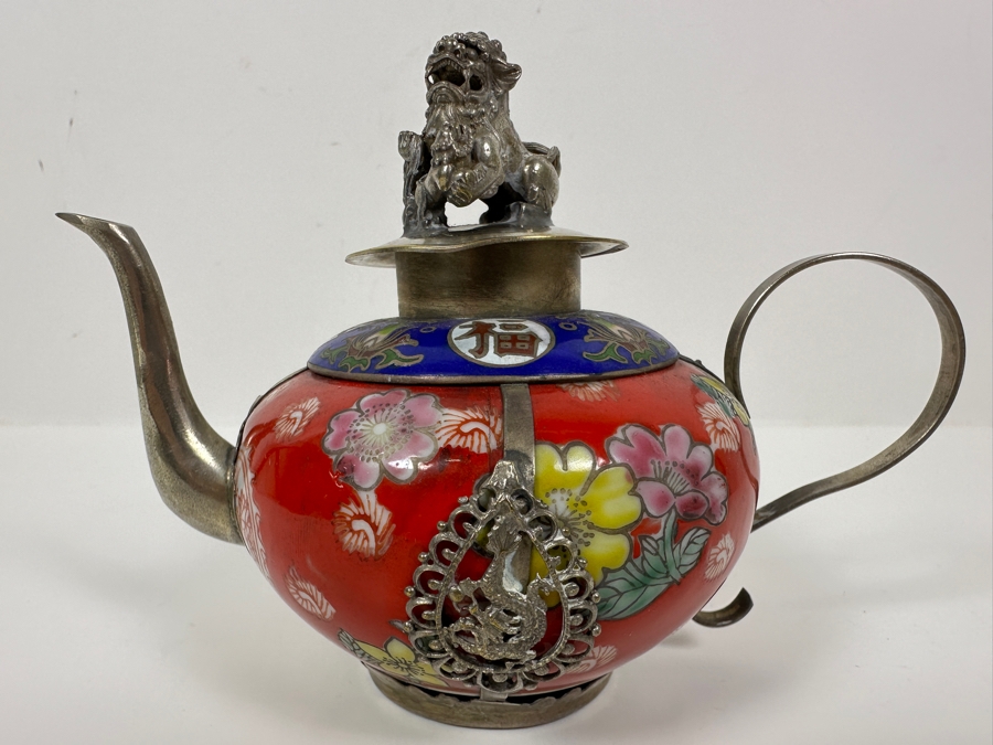 Vintage Chinese Tibetan Silver Overlay Porcelain Body Teapot With Foo Dog Finial Signed Underneath 6W X 4H [Photo 2]