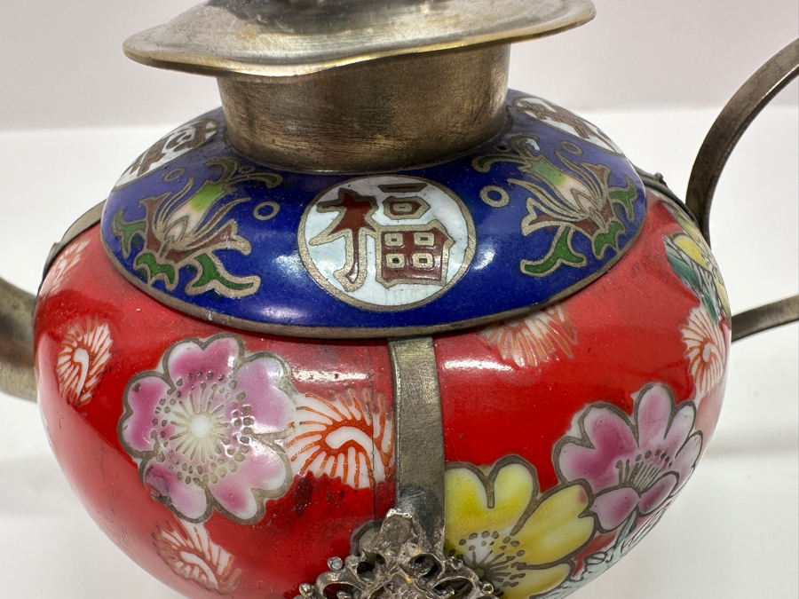 Vintage Chinese Tibetan Silver Overlay Porcelain Body Teapot With Foo Dog Finial Signed Underneath 6W X 4H [Photo 5]