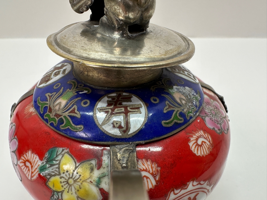 Vintage Chinese Tibetan Silver Overlay Porcelain Body Teapot With Foo Dog Finial Signed Underneath 6W X 4H [Photo 16]