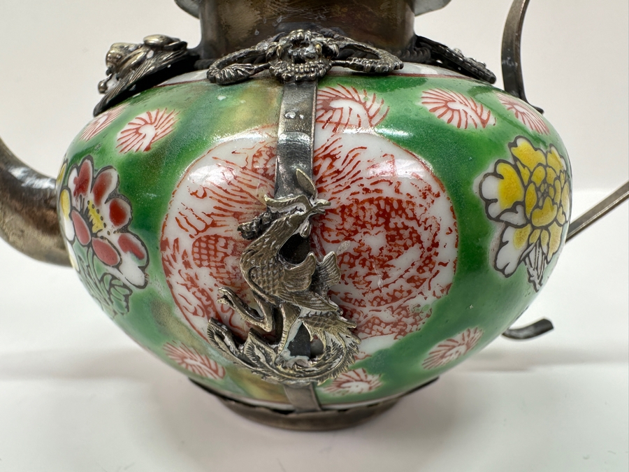 Vintage Chinese Porcelain and Tibetan Silver Teapot with Monkey Lid 6'W x 3.5'H [Photo 10]