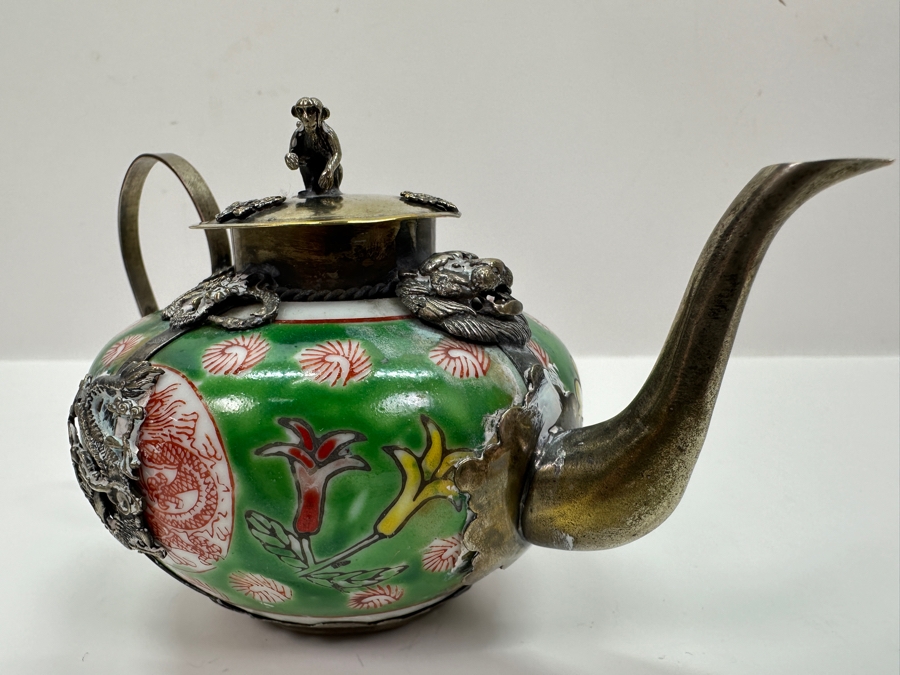 Vintage Chinese Porcelain and Tibetan Silver Teapot with Monkey Lid 6'W x 3.5'H [Photo 7]