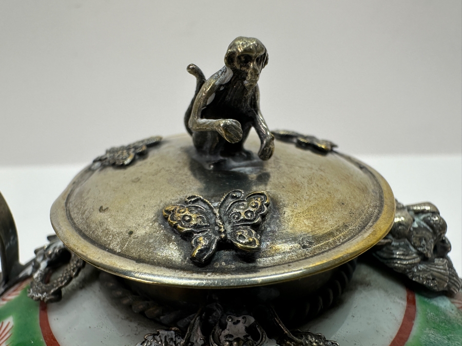 Vintage Chinese Porcelain and Tibetan Silver Teapot with Monkey Lid 6'W x 3.5'H [Photo 6]