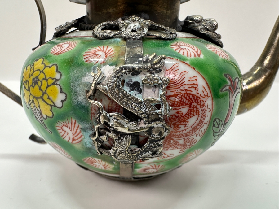 Vintage Chinese Porcelain and Tibetan Silver Teapot with Monkey Lid 6'W x 3.5'H [Photo 4]