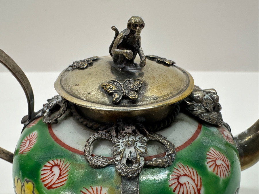 Vintage Chinese Porcelain and Tibetan Silver Teapot with Monkey Lid 6'W x 3.5'H [Photo 5]