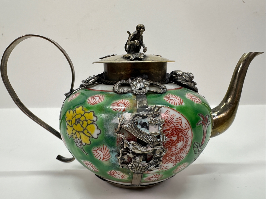 Vintage Chinese Porcelain and Tibetan Silver Teapot with Monkey Lid 6'W x 3.5'H [Photo 3]