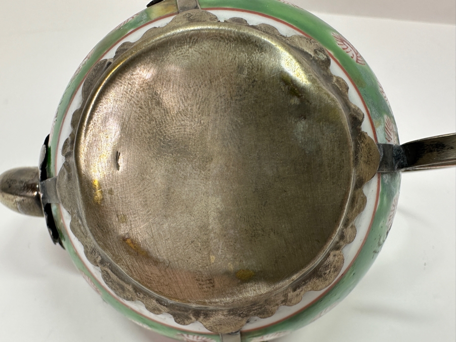 Vintage Chinese Porcelain and Tibetan Silver Teapot with Monkey Lid 6'W x 3.5'H [Photo 13]