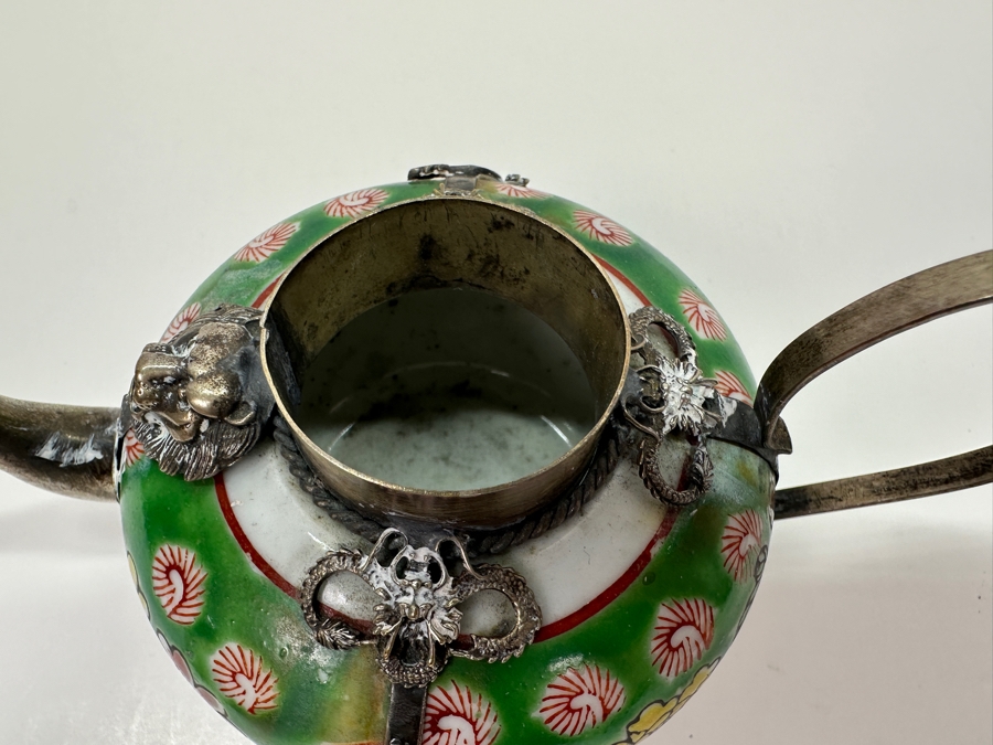 Vintage Chinese Porcelain and Tibetan Silver Teapot with Monkey Lid 6'W x 3.5'H [Photo 11]