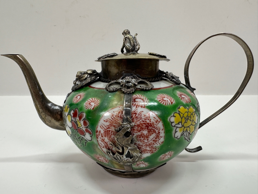 Vintage Chinese Porcelain and Tibetan Silver Teapot with Monkey Lid 6'W x 3.5'H [Photo 9]