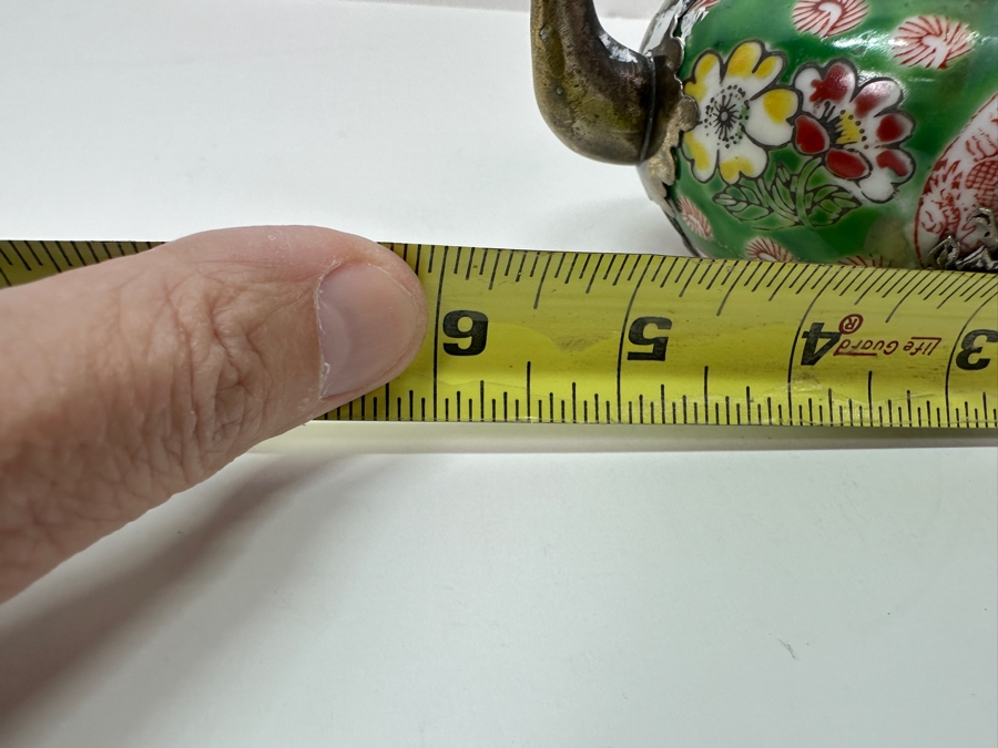 Vintage Chinese Porcelain and Tibetan Silver Teapot with Monkey Lid 6'W x 3.5'H [Photo 14]