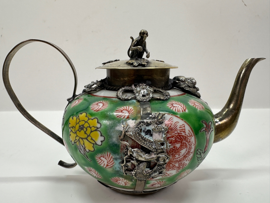 Vintage Chinese Porcelain and Tibetan Silver Teapot with Monkey Lid 6'W x 3.5'H [Photo 2]