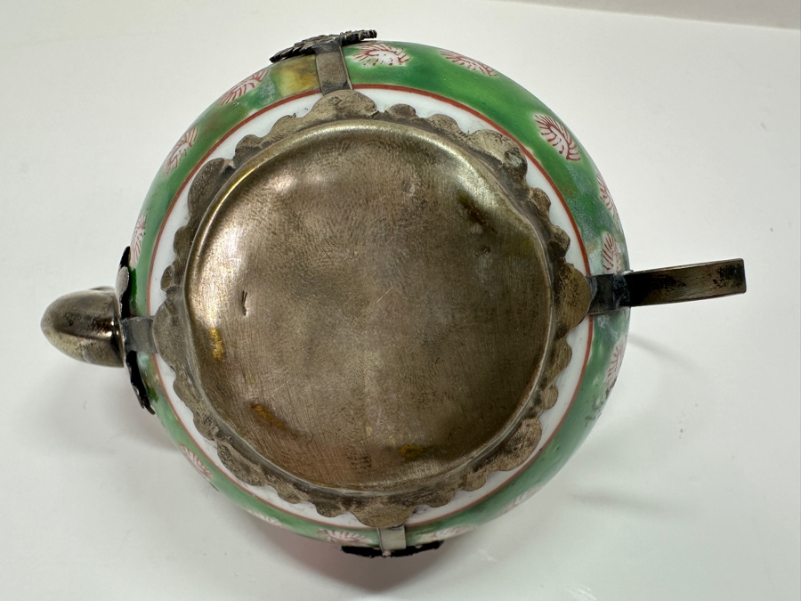 Vintage Chinese Porcelain and Tibetan Silver Teapot with Monkey Lid 6'W x 3.5'H [Photo 12]