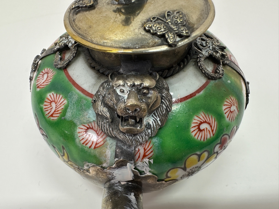 Vintage Chinese Porcelain and Tibetan Silver Teapot with Monkey Lid 6'W x 3.5'H [Photo 8]