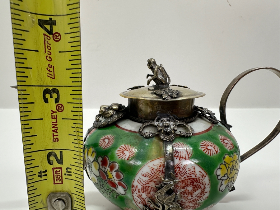 Vintage Chinese Porcelain and Tibetan Silver Teapot with Monkey Lid 6'W x 3.5'H [Photo 15]