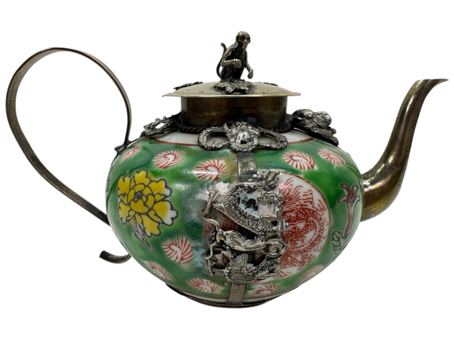 Vintage Chinese Porcelain and Tibetan Silver Teapot with Monkey Lid 6'W x 3.5'H [Photo 1]