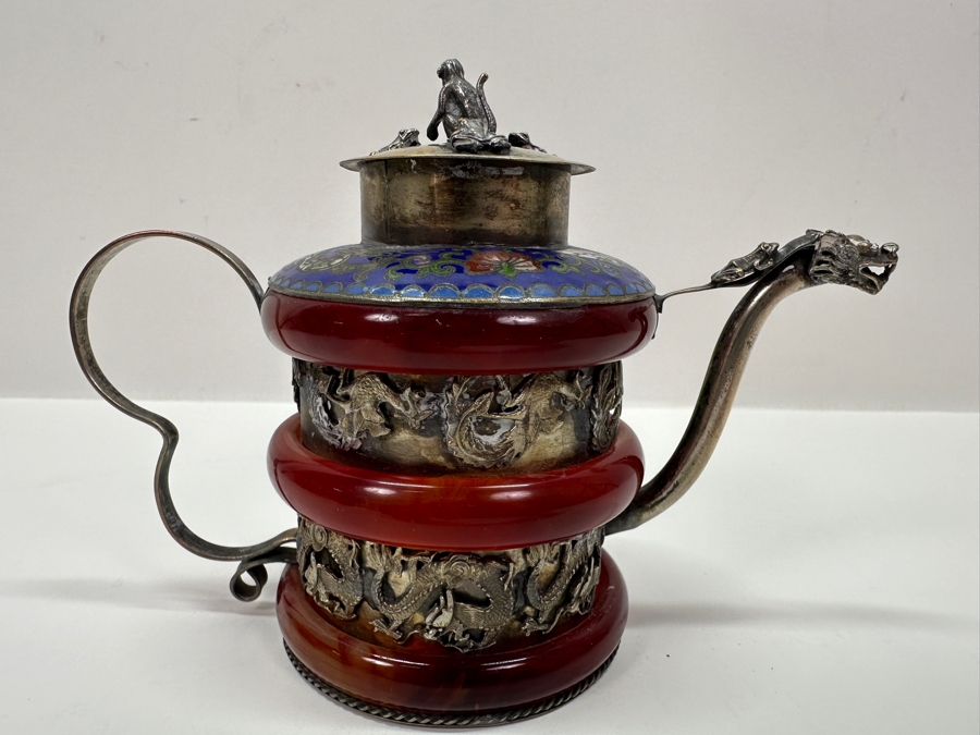 Vintage Signed Chinese Cloisonné and Tibetan Silver Teapot with Stone Bands and Monkey Lid Dragon Motif Signed Underneath 6'W x 4.5'H [Photo 12]