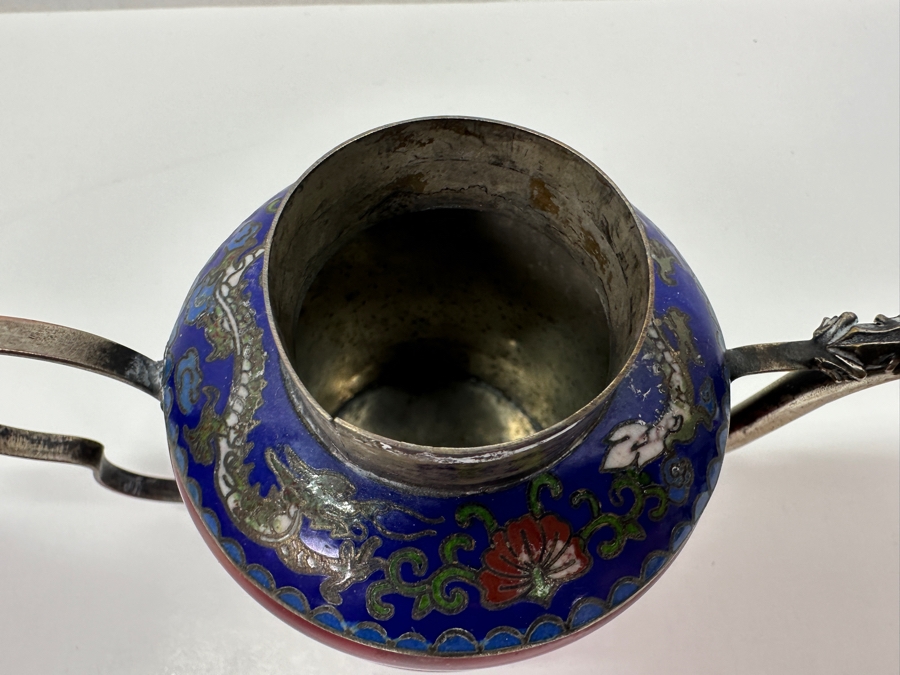 Vintage Signed Chinese Cloisonné and Tibetan Silver Teapot with Stone Bands and Monkey Lid Dragon Motif Signed Underneath 6'W x 4.5'H [Photo 14]