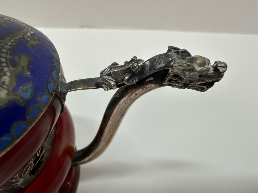 Vintage Signed Chinese Cloisonné and Tibetan Silver Teapot with Stone Bands and Monkey Lid Dragon Motif Signed Underneath 6'W x 4.5'H [Photo 13]