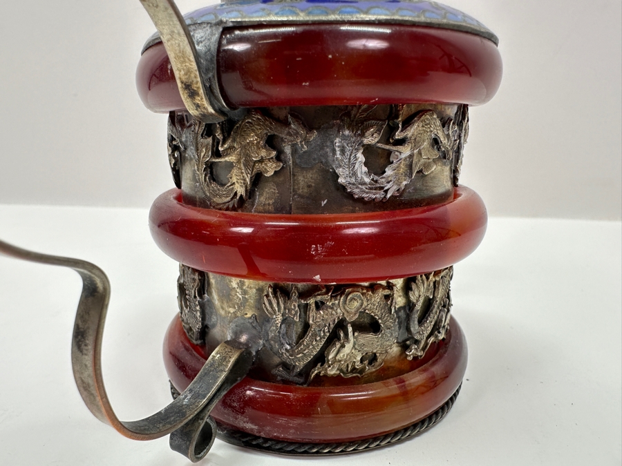 Vintage Signed Chinese Cloisonné and Tibetan Silver Teapot with Stone Bands and Monkey Lid Dragon Motif Signed Underneath 6'W x 4.5'H [Photo 11]