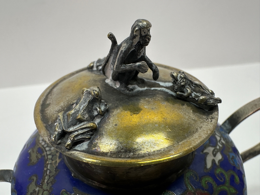 Vintage Signed Chinese Cloisonné and Tibetan Silver Teapot with Stone Bands and Monkey Lid Dragon Motif Signed Underneath 6'W x 4.5'H [Photo 6]