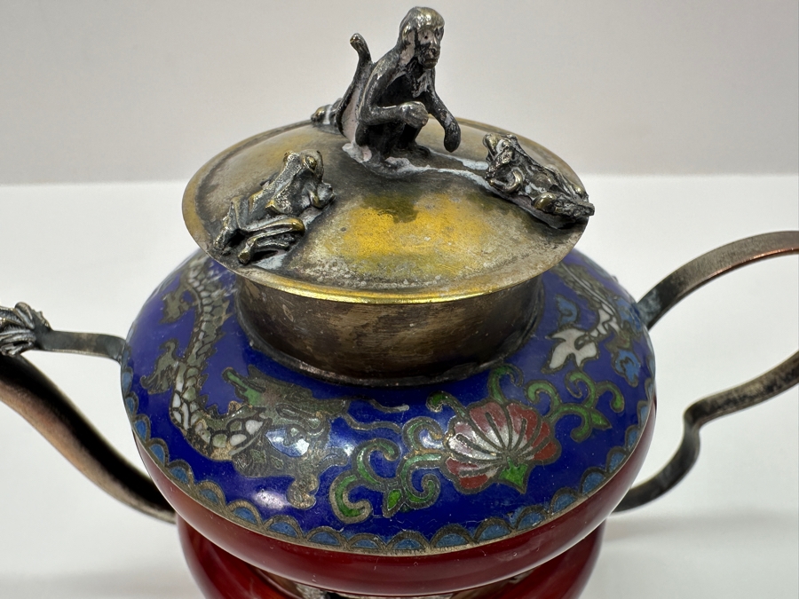 Vintage Signed Chinese Cloisonné and Tibetan Silver Teapot with Stone Bands and Monkey Lid Dragon Motif Signed Underneath 6'W x 4.5'H [Photo 4]