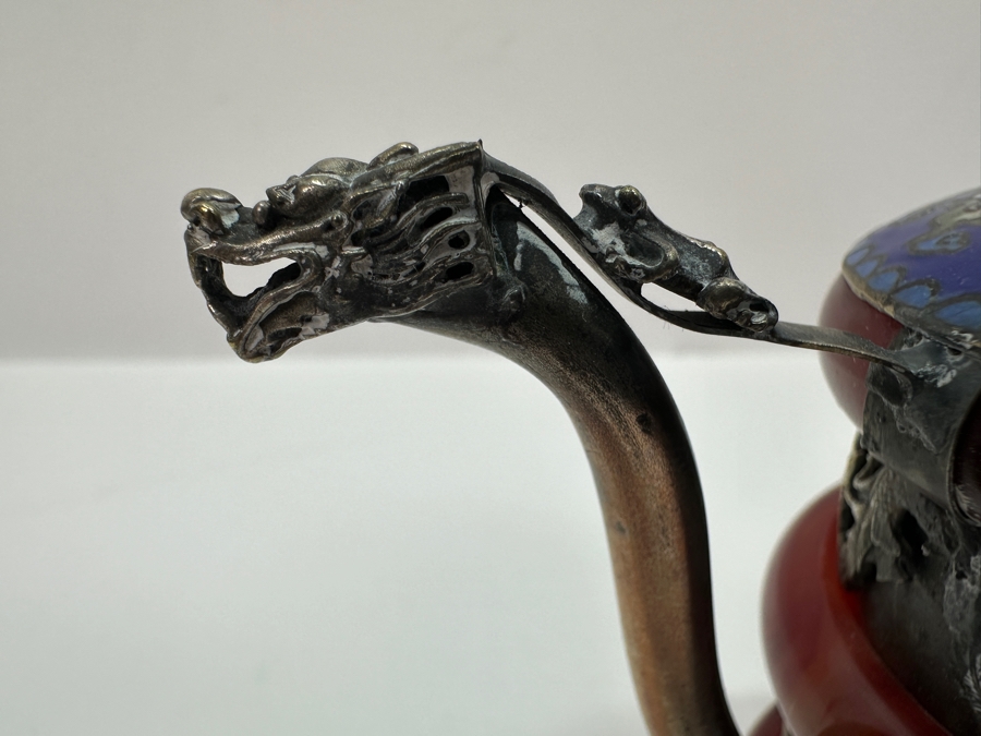 Vintage Signed Chinese Cloisonné and Tibetan Silver Teapot with Stone Bands and Monkey Lid Dragon Motif Signed Underneath 6'W x 4.5'H [Photo 8]