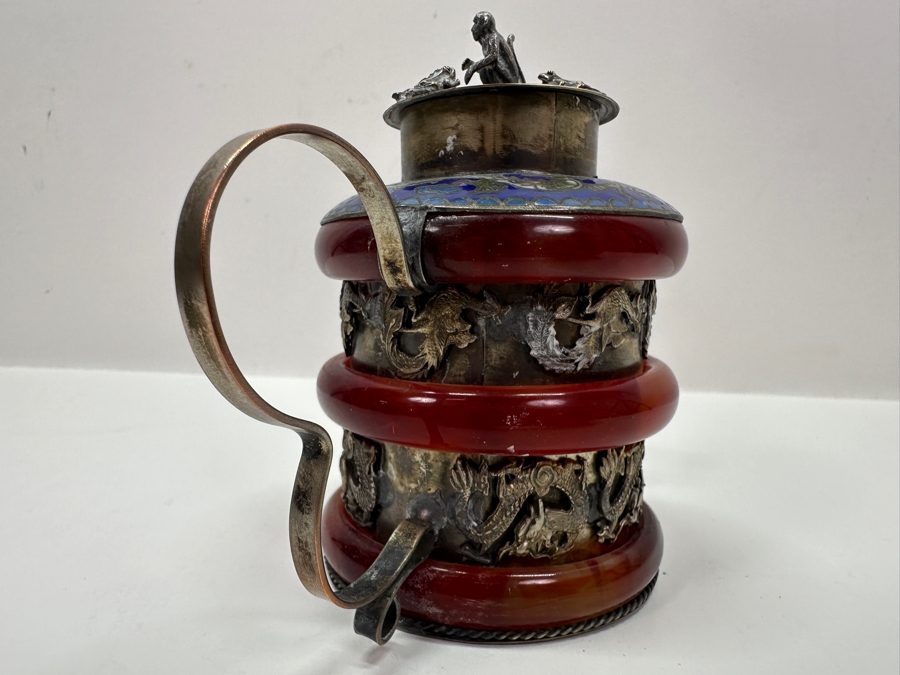 Vintage Signed Chinese Cloisonné and Tibetan Silver Teapot with Stone Bands and Monkey Lid Dragon Motif Signed Underneath 6'W x 4.5'H [Photo 10]