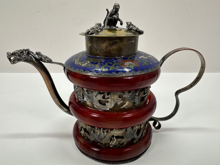 Vintage Signed Chinese Cloisonné and Tibetan Silver Teapot with Stone Bands and Monkey Lid Dragon Motif Signed Underneath 6'W x 4.5'H [Photo 2]