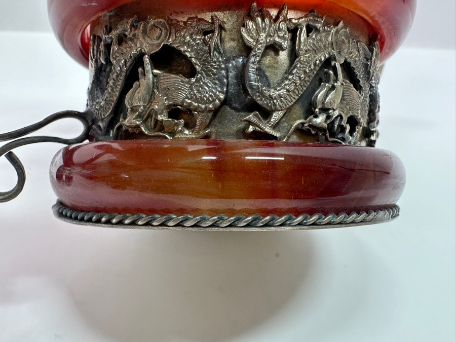 Vintage Signed Chinese Cloisonné and Tibetan Silver Teapot with Stone Bands and Monkey Lid Dragon Motif Signed Underneath 6'W x 4.5'H [Photo 15]