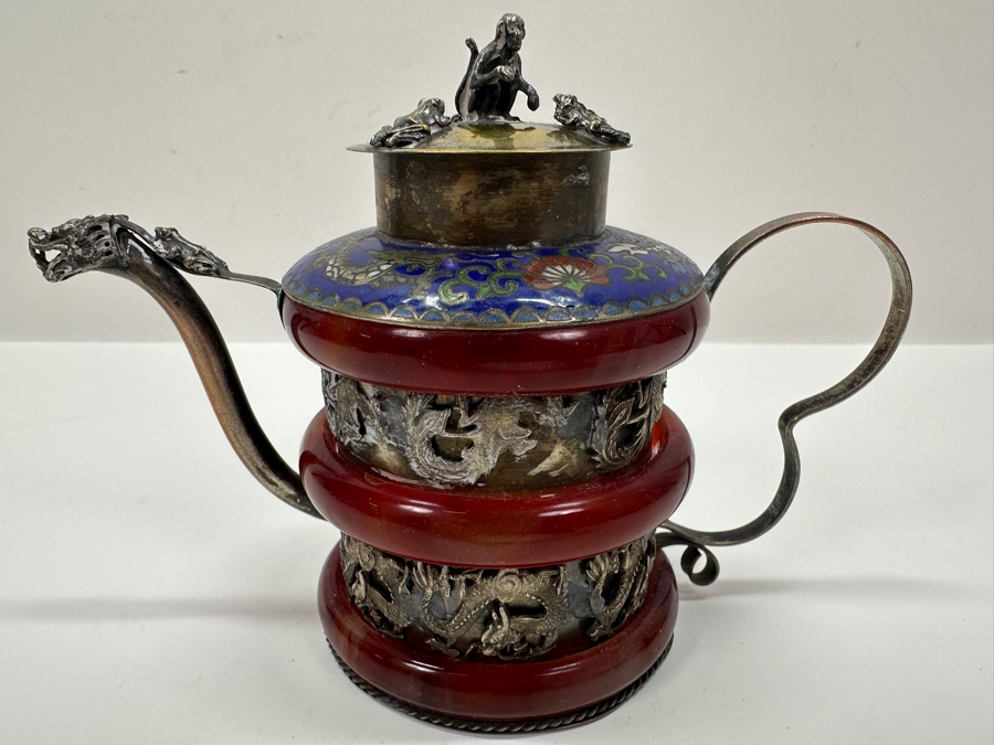 Vintage Signed Chinese Cloisonné and Tibetan Silver Teapot with Stone Bands and Monkey Lid Dragon Motif Signed Underneath 6'W x 4.5'H [Photo 3]