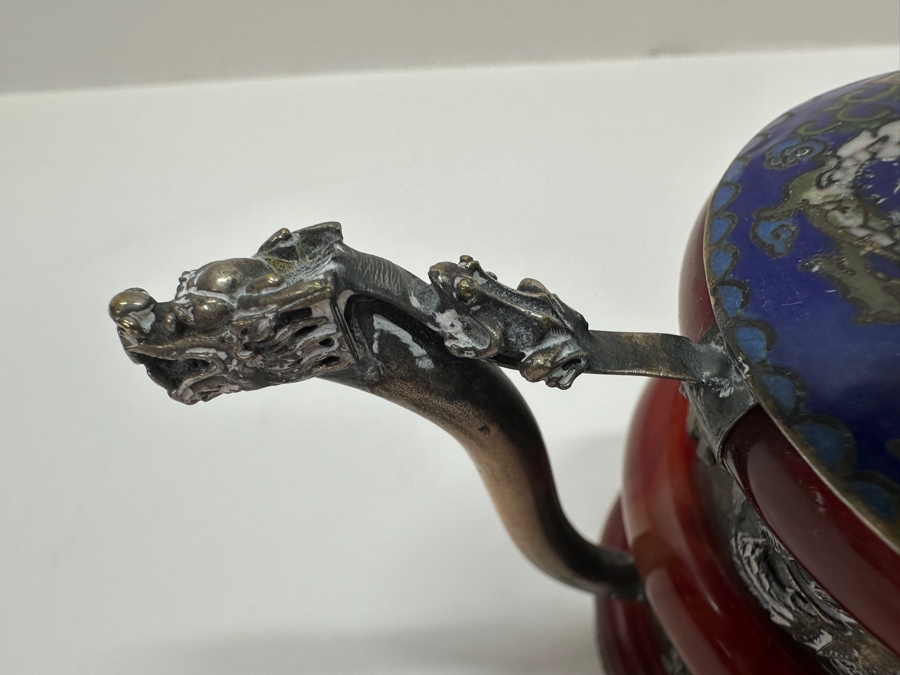Vintage Signed Chinese Cloisonné and Tibetan Silver Teapot with Stone Bands and Monkey Lid Dragon Motif Signed Underneath 6'W x 4.5'H [Photo 9]