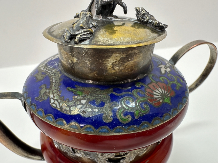 Vintage Signed Chinese Cloisonné and Tibetan Silver Teapot with Stone Bands and Monkey Lid Dragon Motif Signed Underneath 6'W x 4.5'H [Photo 5]