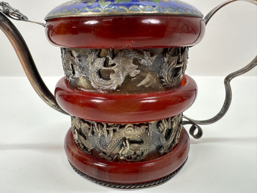 Vintage Signed Chinese Cloisonné and Tibetan Silver Teapot with Stone Bands and Monkey Lid Dragon Motif Signed Underneath 6'W x 4.5'H [Photo 7]